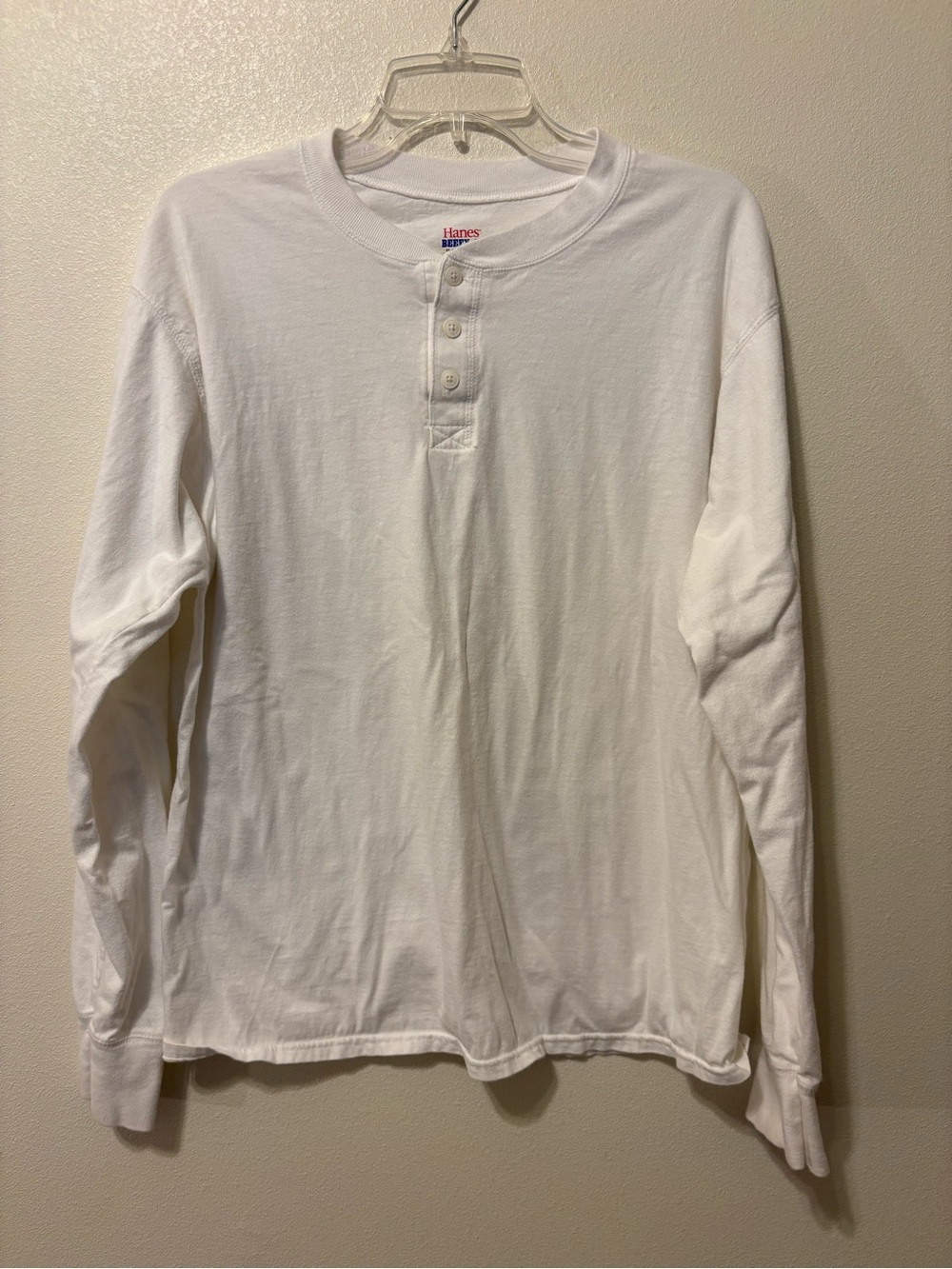 Hanes White Long Sleeve Henley Shirt - Men's